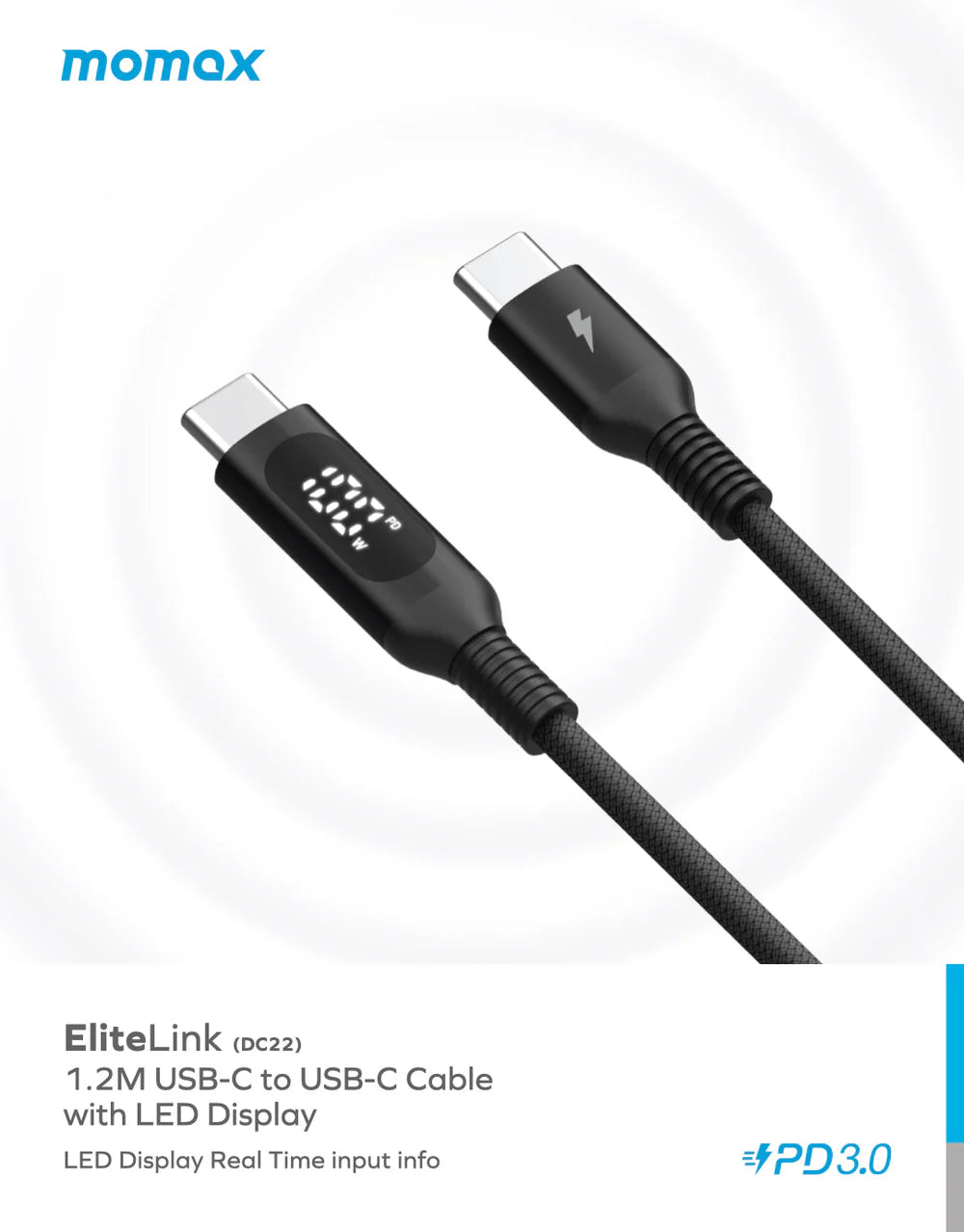 Momax EliteLink USB-C to USB-C Braided LED Display Cable 100W (1.2 Meter) - Black