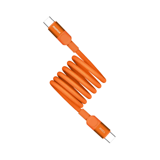 Momax Mag.Link magnetic USB-C to USB-C cable, 1 meter, supports 100W charging and USB 3.2 Gen 2x2, shown connected with devices