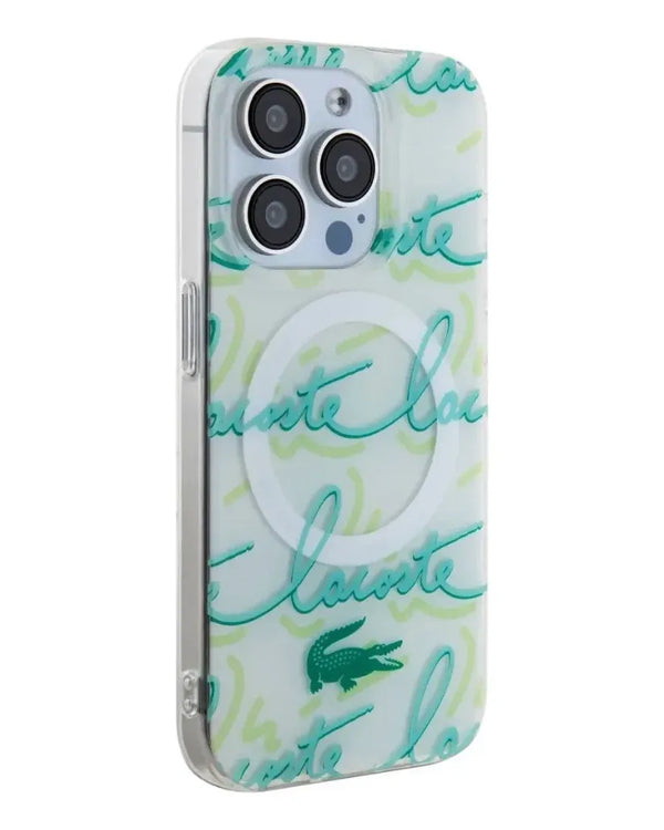 White Lacoste MagSafe hard case for iPhone 15 Pro Max with double layer magnetic protection by TecHub.