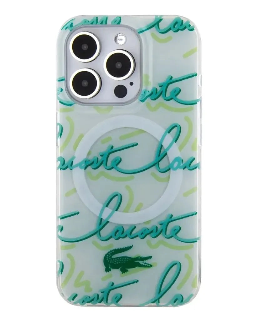 TecHub white Lacoste MagSafe hard case with double layer design for iPhone 15 Pro Max, featuring magnetic closure and Lacoste logo.