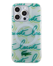 TecHub white Lacoste MagSafe hard case with double layer design for iPhone 15 Pro Max, featuring magnetic closure and Lacoste logo.