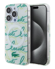 White Lacoste MagSafe hard case with double layer design for iPhone 15 Pro Max, featuring magnetic closure and Lacoste branding.