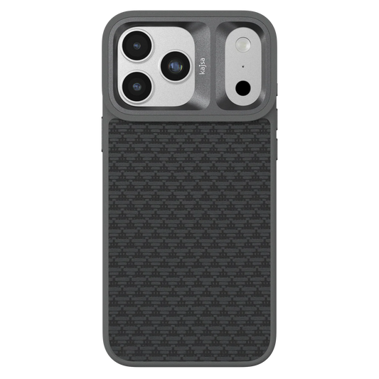 Grey TecHub Kajsa Glamorous Collection pyramid pattern back case for iPhone 17 Pro Max, MagSafe compatible, showing textured design.