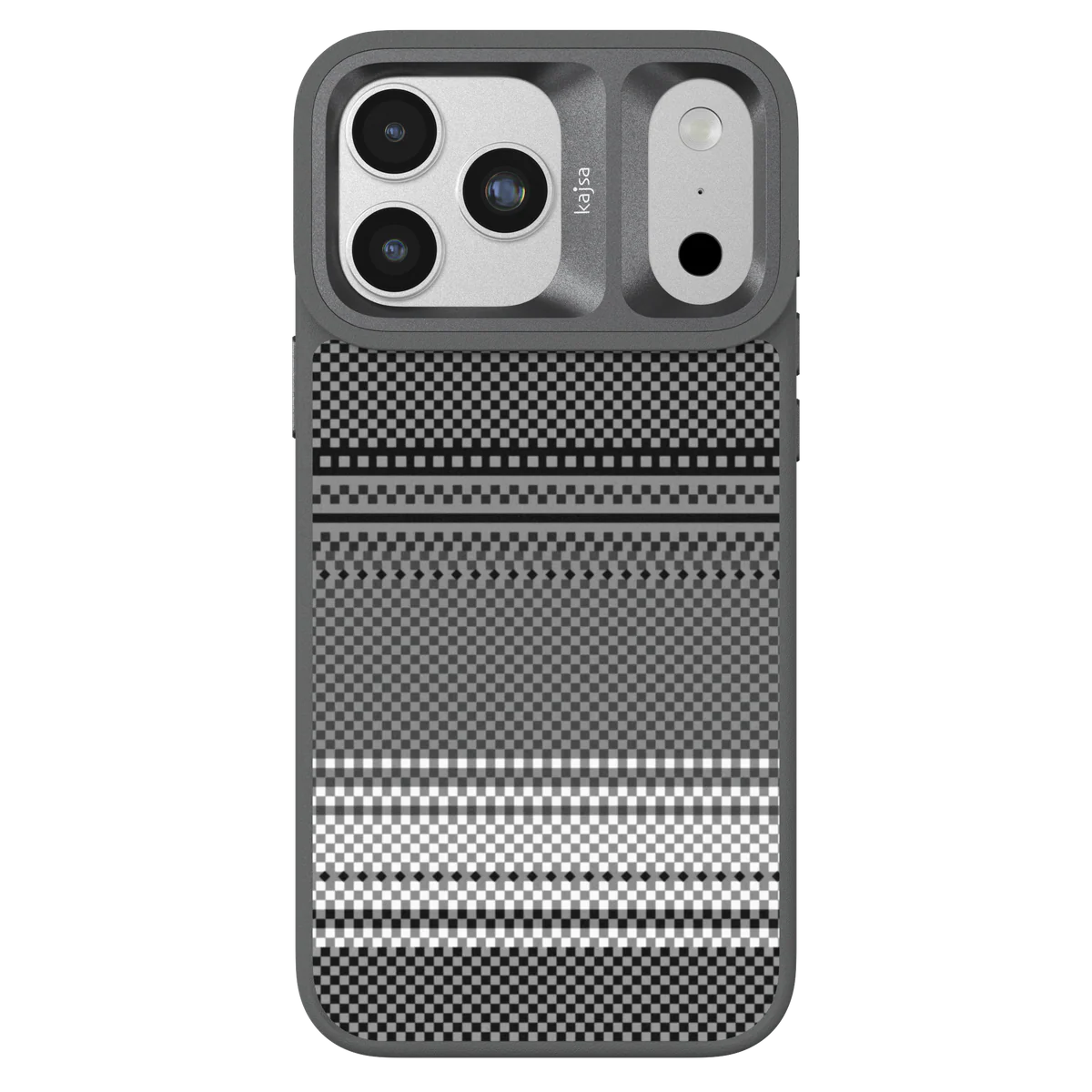 Grey TecHub Kajsa Resort Collection gradient stripe pattern back case for iPhone 17 Pro Max, MagSafe compatible, with textured design.
