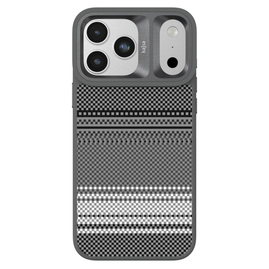 Grey TecHub Kajsa Resort Collection gradient stripe pattern back case for iPhone 17 Pro Max, MagSafe compatible, with textured design.