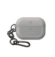 Grey Kajsa Carbon Fiber Ultra Shield AirPods Pro 1 & 2 case with hook by TecHub, showing sleek textured design and secure closure.