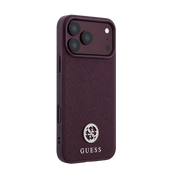 Burgundy Guess Magsafe iPhone 17/18 Pro Max hard case with grained Saffiano texture and triangle logo, designed for secure fit.