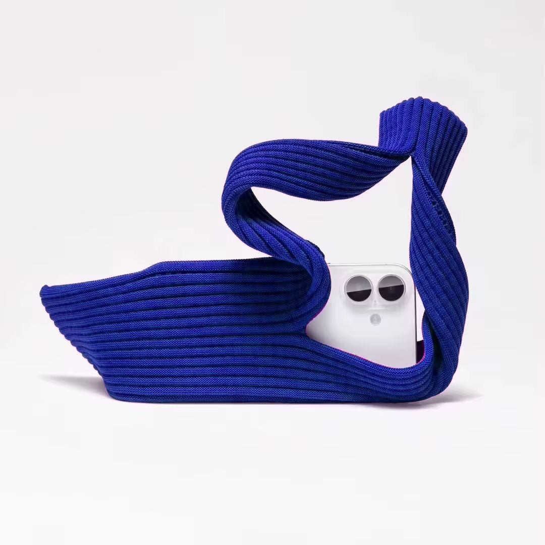 Crochet iPhone Pocket Bag | 3D-Knitted Handheld Sleeve Short Long Strap 80 CM - Blue