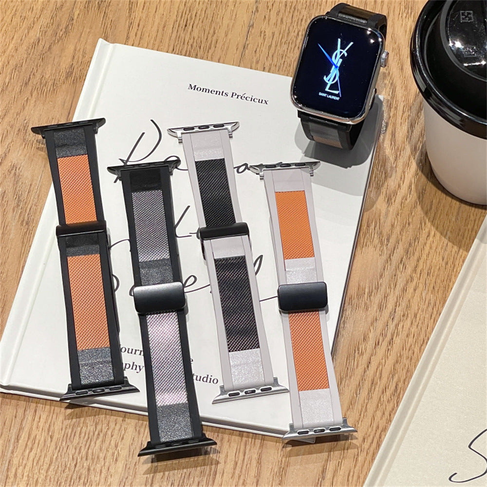 Premium Silicone Strap with Metal and Leather Texture for for Apple Watch 42/44/45/46/49 mm