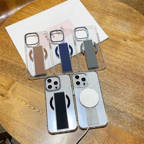 Clear acrylic TPU MagSafe case with holder for iPhone 14 Pro Max by TecHub, showing the sleek transparent design and built-in phone holder.