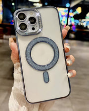 Dark grey TecHub Diamond Strass MagSafe case for iPhone 15 with sparkling rhinestone accents, protective and stylish phone cover.