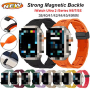 Magnetic silicone watch strap for Apple Watch 42-49mm, shown attached to a watch case, by TecHub, in black color.