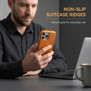 TecHub vertical striped luggage-style full coverage case for iPhone 16, showcasing durable design and stylish pattern.