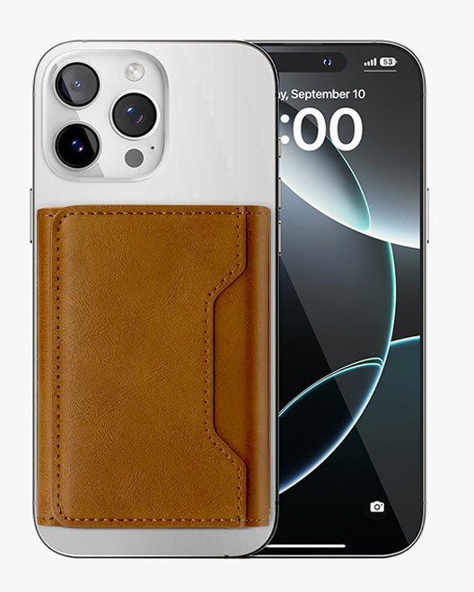 Brown TecHub Triple Luxury Fold Leather MagSafe Wallet case with card holder and fold design.