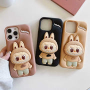 Labubu 3D Cartoon Silicone iPhone 16 case with hand stand by TecHub featuring colorful cartoon character design.