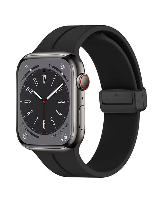Magnetic silicone sport strap band for Apple Watch 42mm to 49mm, compatible with various Apple Watch models, for secure fit and comfort.