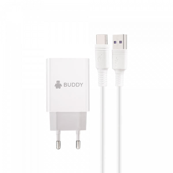 شاحن BUDDY BU-H4 منزلي سريع بتقنية QC 3.0 بقدرة 18W و3A مع كابل Type-C - أبيض - TecHub
