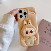 TecHub Labubu 3D Cartoon Silicone iPhone 16 case with built-in hand stand, featuring colorful cartoon design and flexible material.