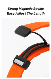 Magnetic silicone watch strap by TecHub for Apple Watch 42mm to 49mm, showing the flexible black strap with magnetic clasp.
