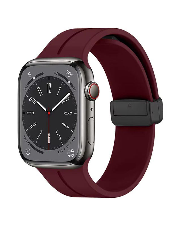 Magnetic silicone sport strap band for Apple Watch 42mm to 49mm, featuring a sleek case design in black.