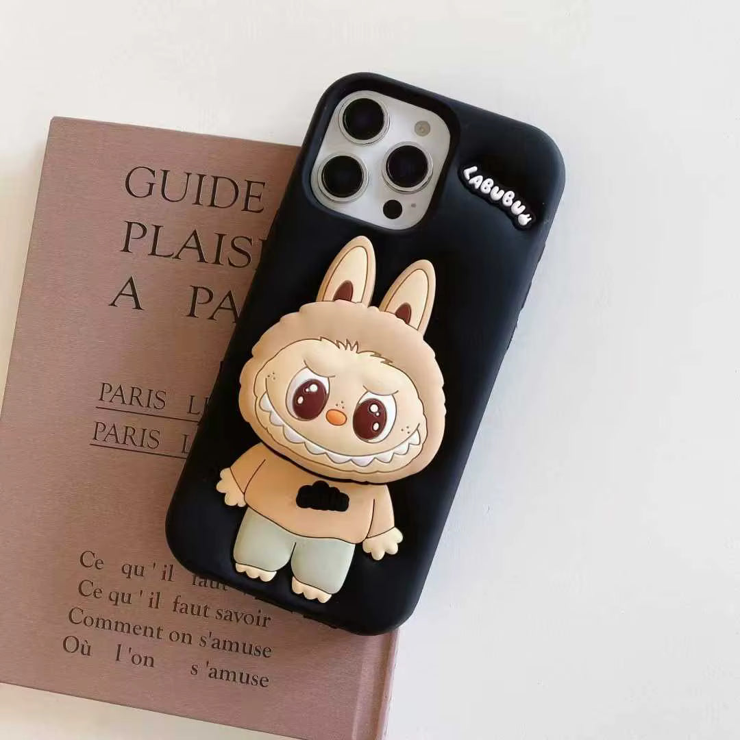 Labubu 3D Cartoon Silicone Case with Hand Stand for iPhone 16 Pro Max