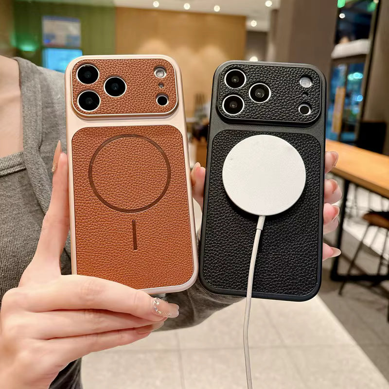 TecHub MMKIO PU leather MagSafe case for iPhone 17 Pro, showing sleek black protective phone cover with precise cutouts.