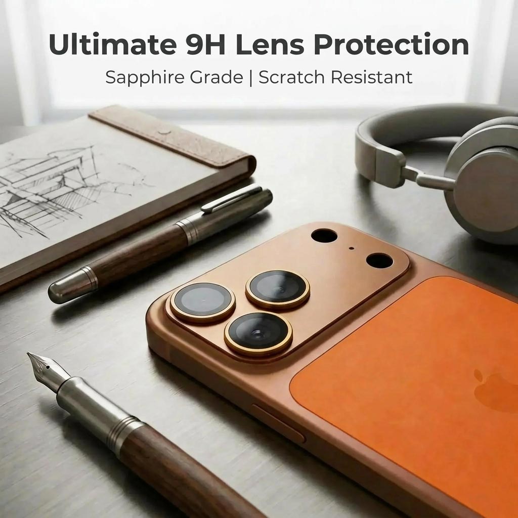 TecHub 9H tempered glass shockproof camera metal lens cover for iPhone 17 Pro Max, showing sturdy protective design.