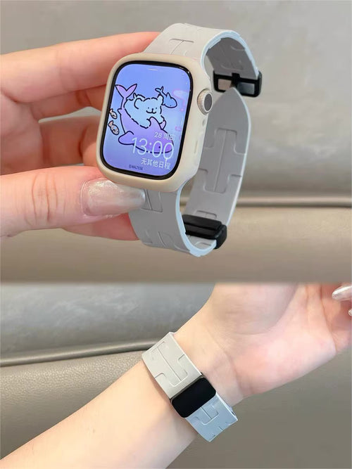 Magnetic silicone watch strap for Apple Watch 42mm to 49mm by TecHub, showing the flexible, adjustable strap on a watch case.