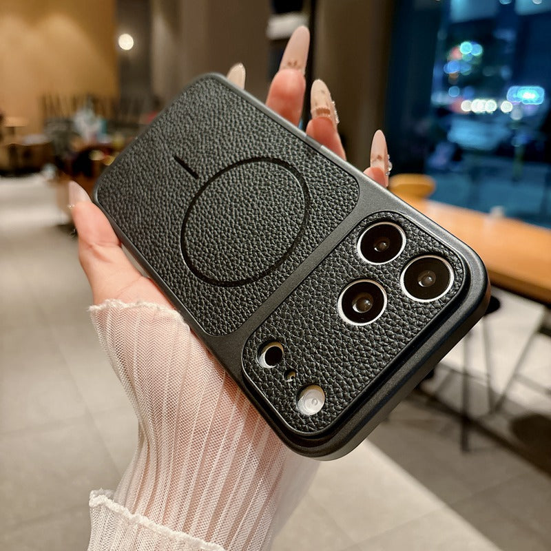TecHub MMKIO PU leather MagSafe case for iPhone 17 Pro, showing the black leather exterior and precise cutouts.