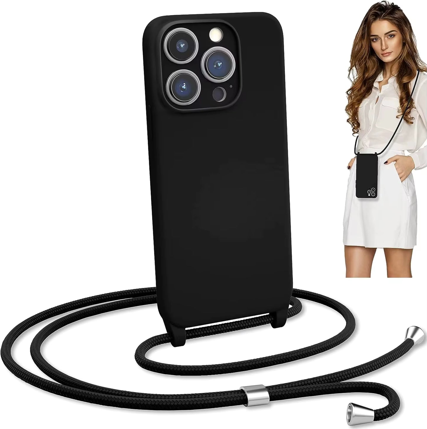 Fashion Crossbody Soft Silicone Case With Shoulder Strap for iPhone 15