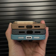 TecHub Lanex luxury iPhone 17 Pro Max case with carbon fiber pattern, magnetic closure, and metal buttons on a sleek protective cover.
