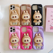 Labubu 3D Cartoon Silicone iPhone 16 case with hand stand from TecHub, featuring colorful cartoon design and flexible silicone material.