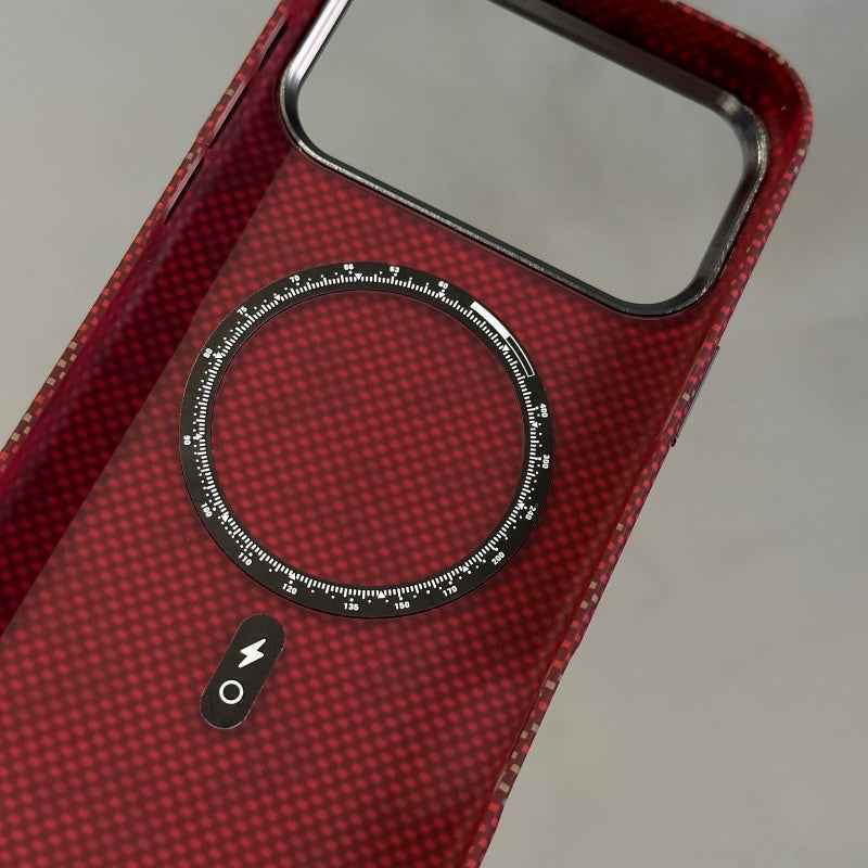 FD Carbon Fiber Textured Metal Camera Frame Shockproof Hard Magnetic Case for iPhone 17 Pro Max - Brown/Beige