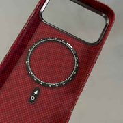 FD Carbon Fiber Textured Metal Camera Frame Shockproof Hard Magnetic Case for iPhone 17 Pro Max - Brown/Beige