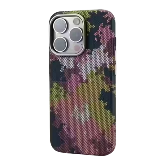 TecHub FreeAir MagSafe carbon fiber iPhone 14 Pro Max case in camouflaged red with sleek design and precise cutouts.