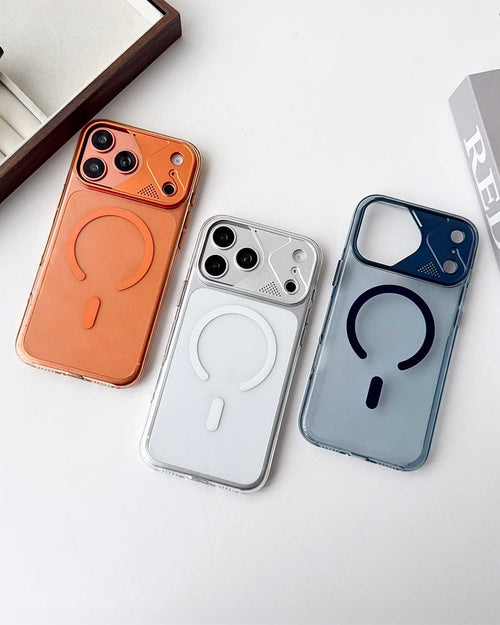 Transparent TecHub MagSafe case with metal lens frame for iPhone 17 Pro Max, showing clear design and precise cutouts.