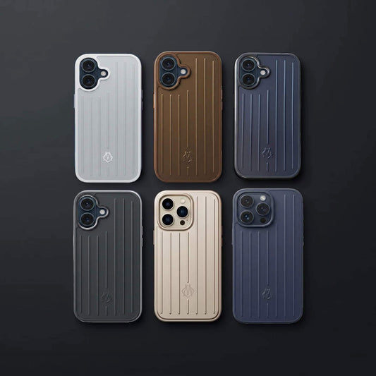 TecHub vertical striped iPhone 16 full coverage case showcasing durable, stylish luggage-inspired design with full edge protection.