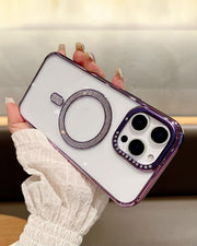 Purple TecHub Diamond Strass MagSafe case for iPhone 15 featuring sparkling rhinestones and a protective design.
