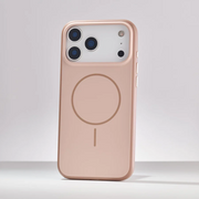 Beige TecHub OKOZ luxury liquid silicone TPU MagSafe case for iPhone 17 Pro, showing smooth, flexible material and precise cutouts.