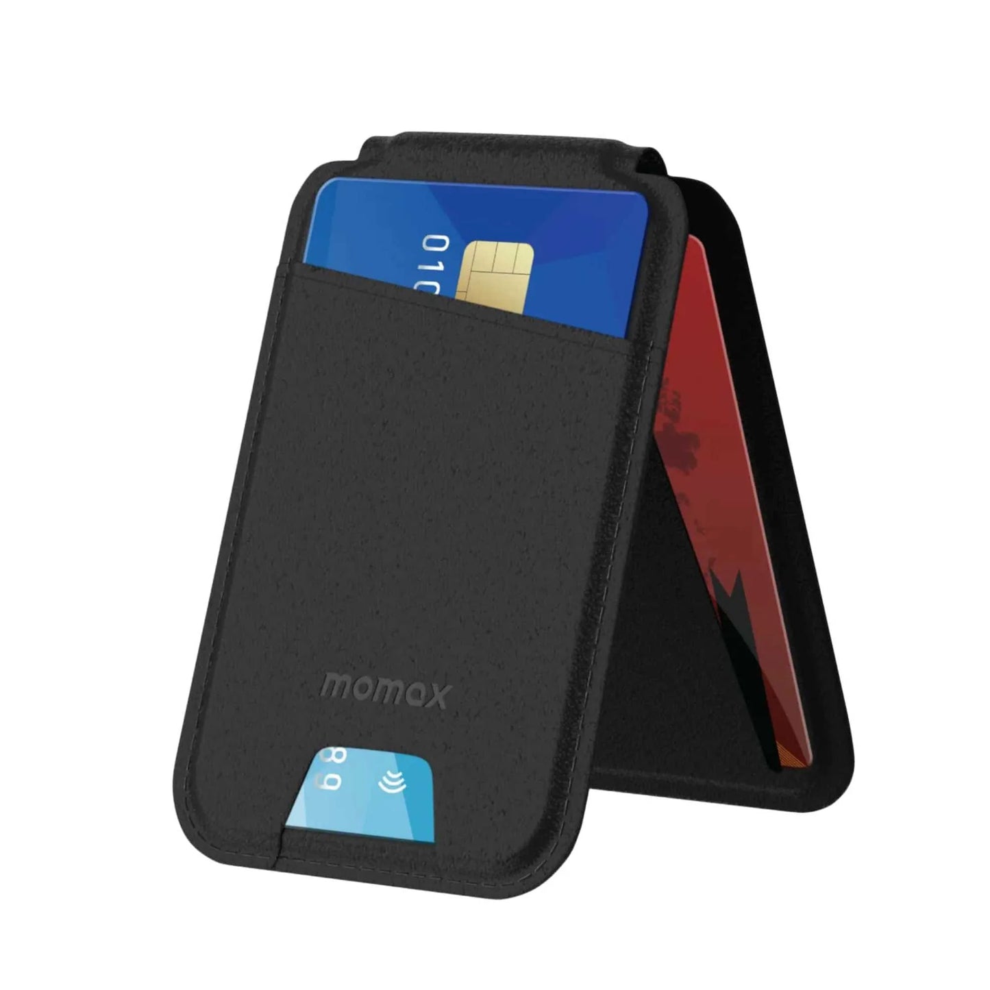 Black TecHub Momax 1-Wallet magnetic card holder with adjustable stand, showing its sleek design and card slots.