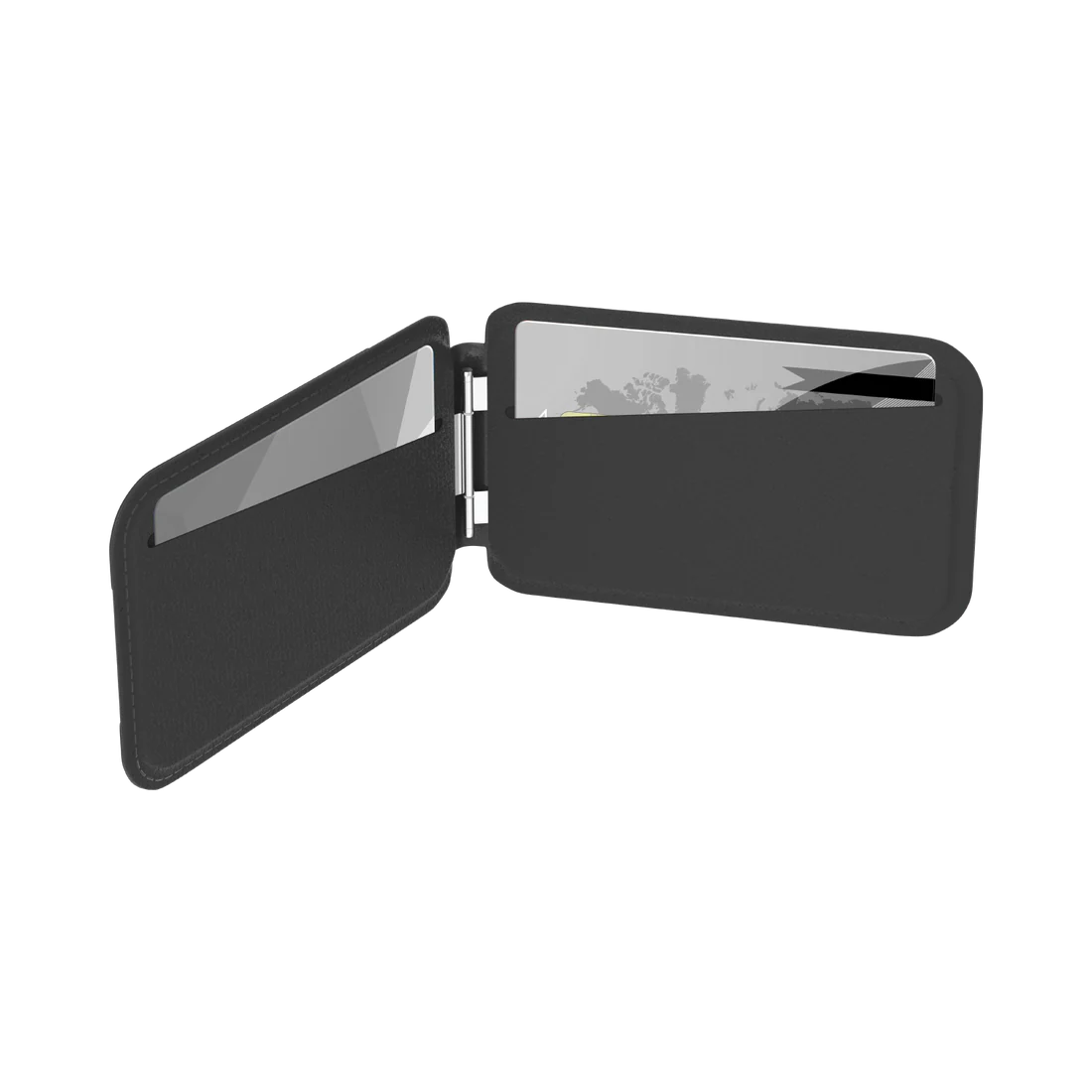 Black TecHub Momax 1-Wallet magnetic card holder with adjustable stand, featuring a sleek design and compact wallet style.