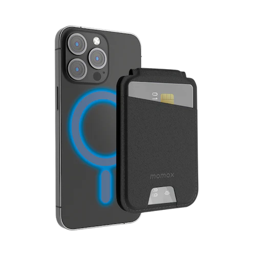 Black TecHub Momax 1-Wallet magnetic card holder with adjustable stand, featuring a sleek design and multiple card slots.