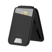 Momax 1-Wallet magnetic card holder with adjustable stand in black, featuring sleek design and convenient storage for cards.