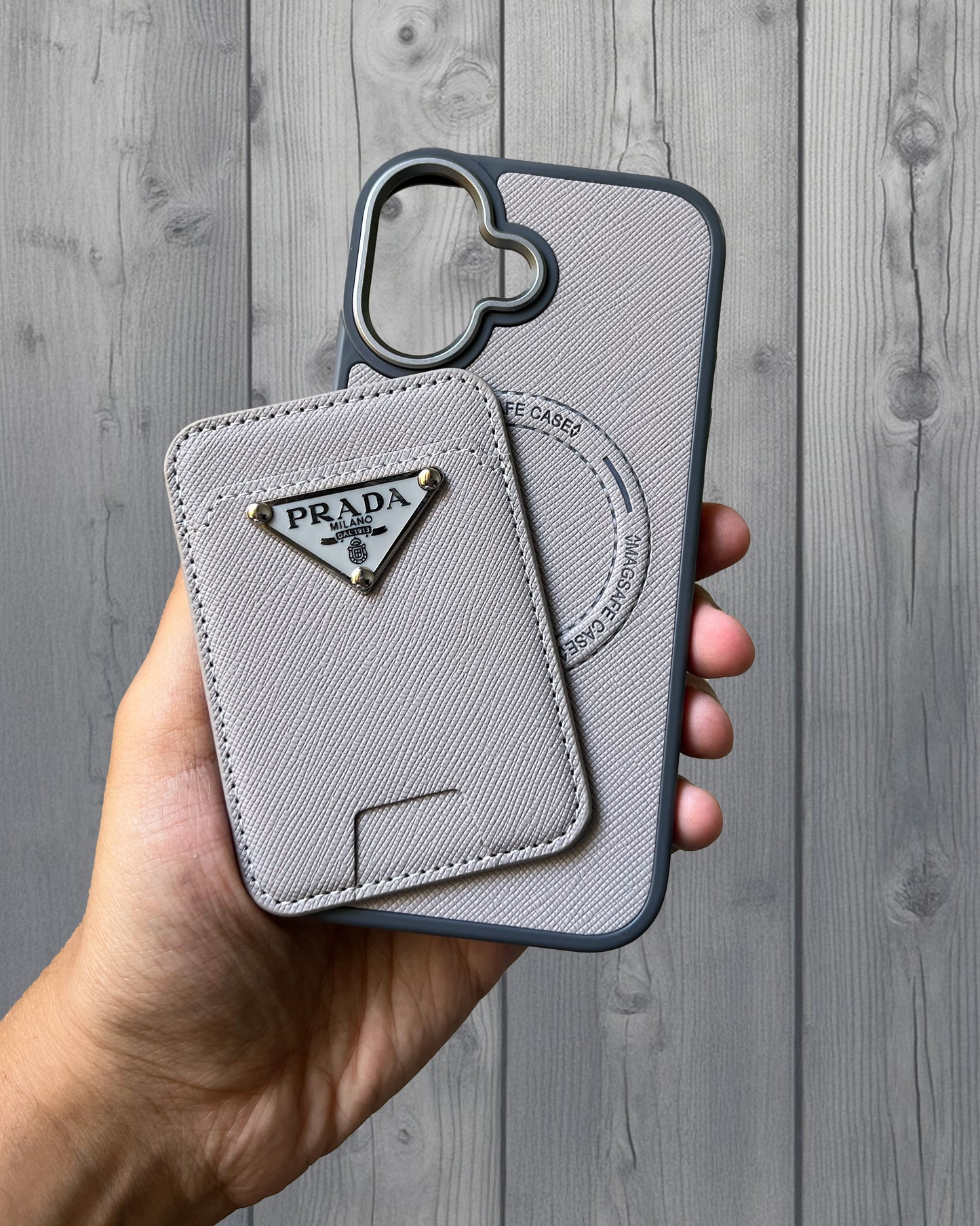 Prada Luxury Leather Case with MagSafe Wallet for iPhone 16 - Grey