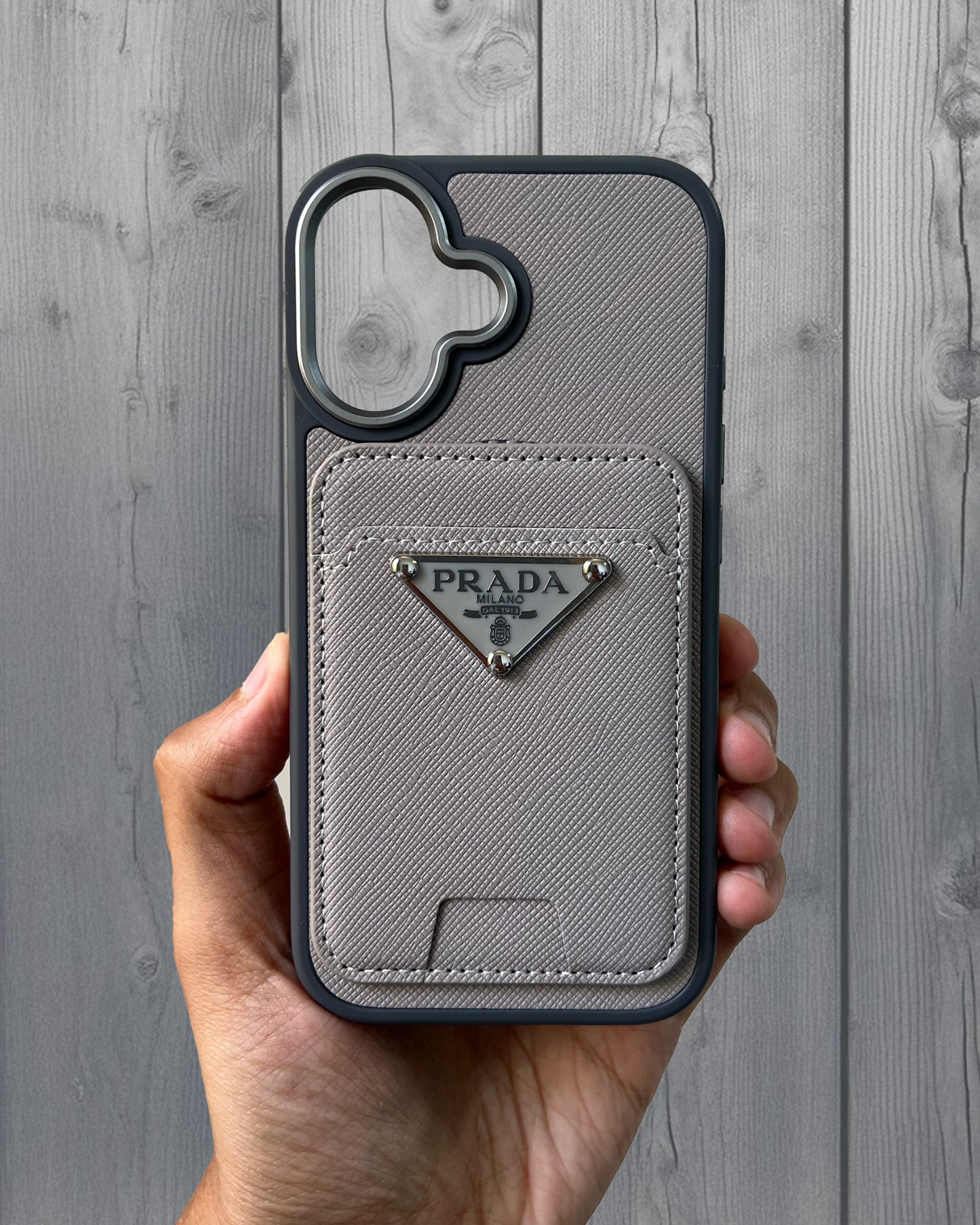 Prada Luxury Leather Case with MagSafe Wallet for iPhone 16 - Grey