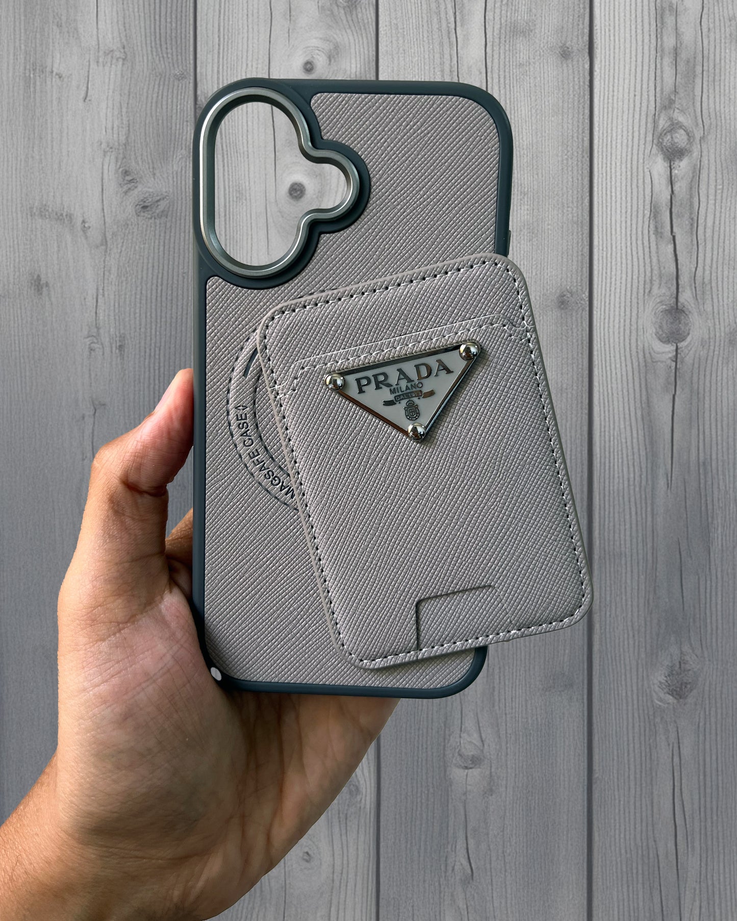 Prada Luxury Leather Case with MagSafe Wallet for iPhone 16 - Grey