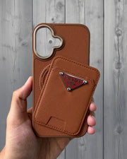 Brown Prada luxury leather MagSafe case for iPhone 16 with TecHub branding, showcasing a sleek, high-quality design.