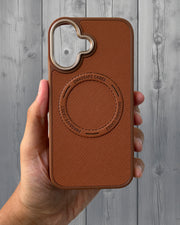 Brown Prada luxury leather MagSafe case for iPhone 16 by TecHub, showcasing sleek design and premium leather material.