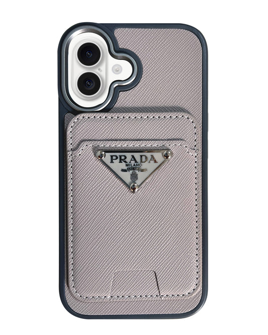 Prada Luxury Leather Case with MagSafe Wallet for iPhone 16 - Grey