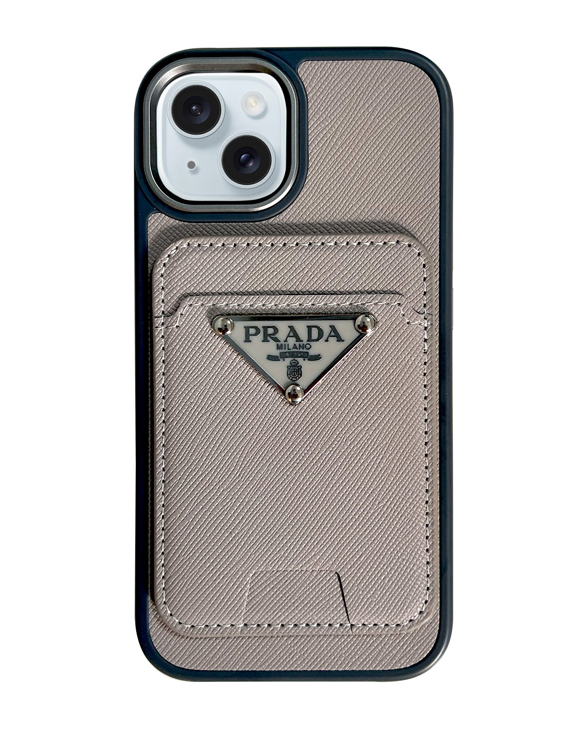 Prada Luxury Leather Case with MagSafe Wallet for iPhone 15 - Grey